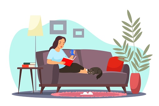 Girl relaxing at home reading book alone. Happy peaceful woman cartoon character sitting in cozy room. Stay positive, calm and safe during summer time vector illustration.